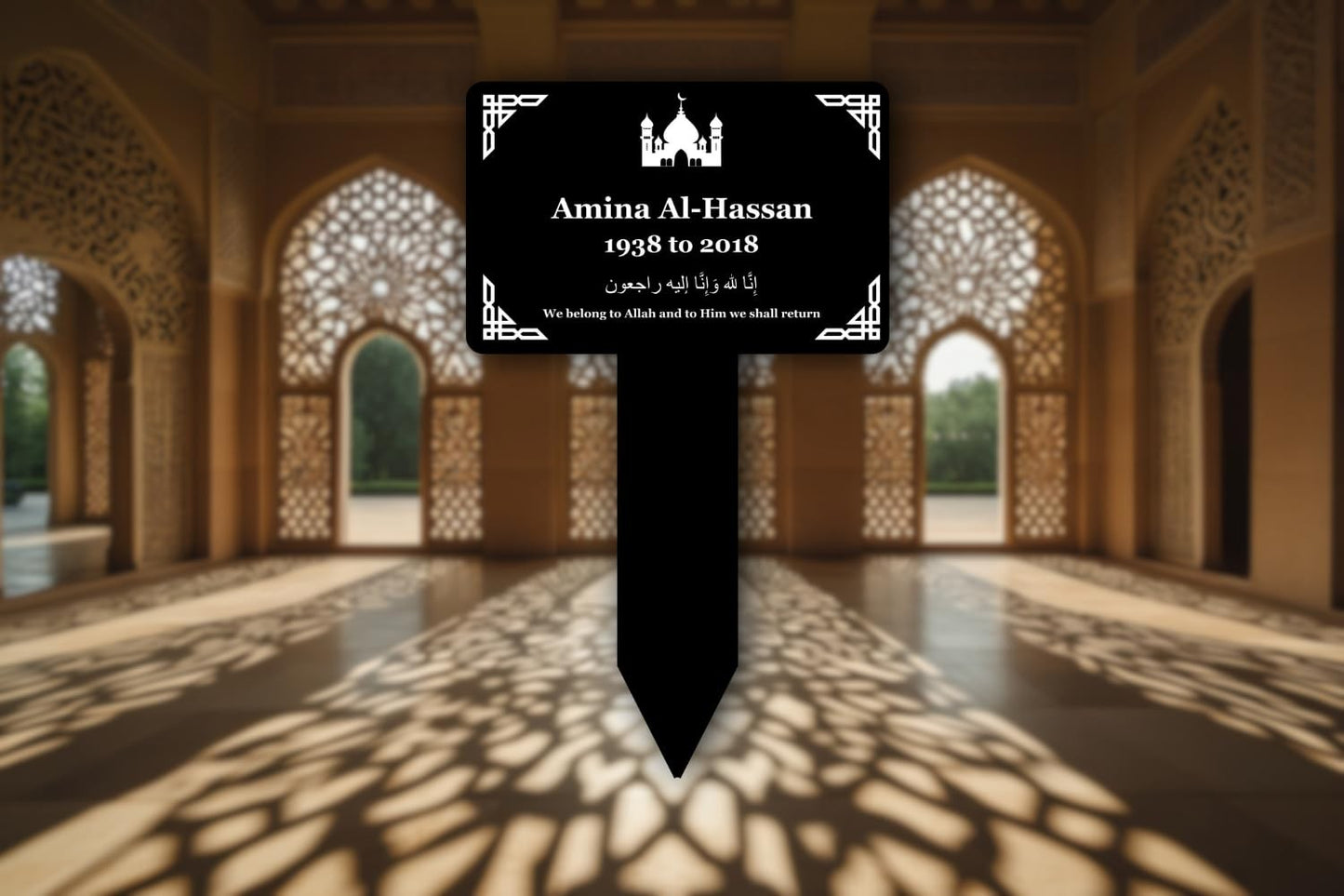 Personalised Islamic Memorial Stake — Black Acrylic Plaque with Integrated Stake (230 × 140 mm, 6 mm, UK Made) – by North By North East – Plaques & Nameplates