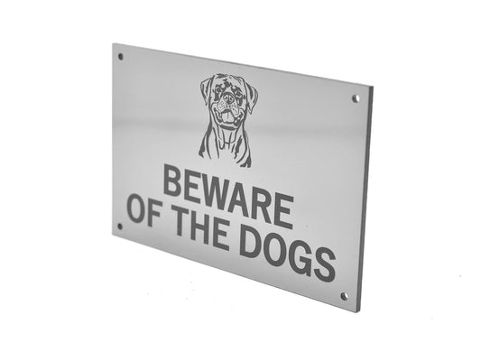 Beware of the Dogs Sign – Silver ACM 140×90 mm with Rottweiler Graphic UK – by North By North East – Signs