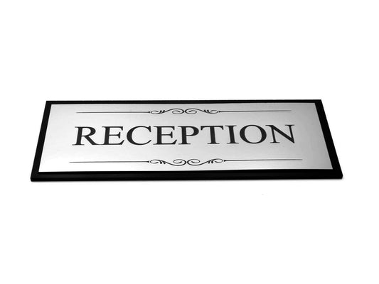 🏢 Silver Reception Door Sign – Black Back Plate, Self-Adhesive, Acrylic, UK – by North By North East – Business Hours & Policy Signs