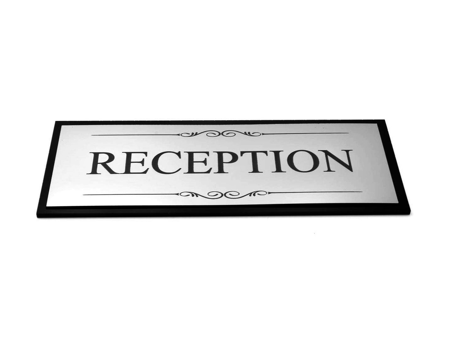 🏢 Silver Reception Door Sign – Black Back Plate, Self-Adhesive, Acrylic, UK – by North By North East – Business Hours & Policy Signs