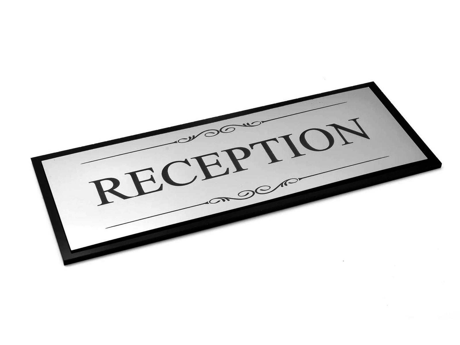 🏢 Silver Reception Door Sign – Black Back Plate, Self-Adhesive, Acrylic, UK – by North By North East – Business Hours & Policy Signs