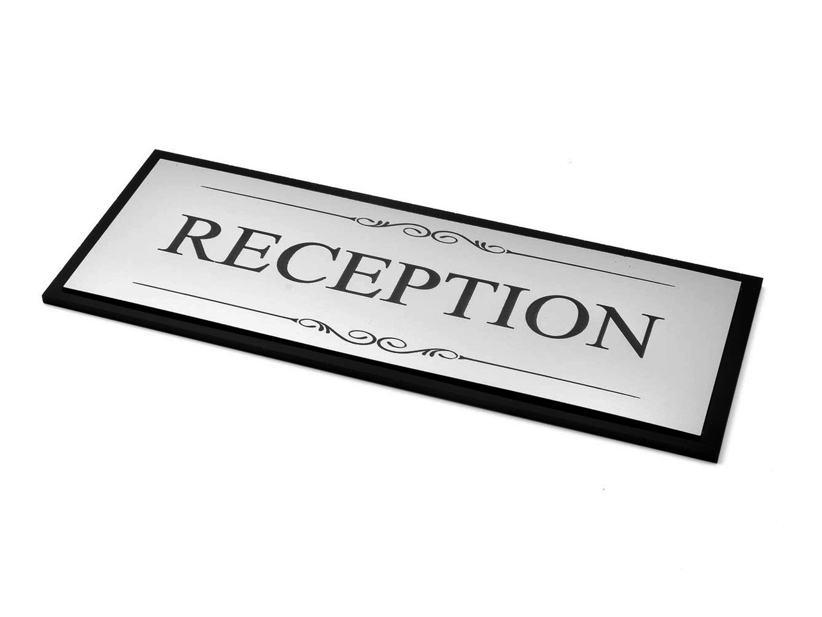 🏢 Silver Reception Door Sign – Black Back Plate, Self-Adhesive, Acrylic, UK – by North By North East – Business Hours & Policy Signs