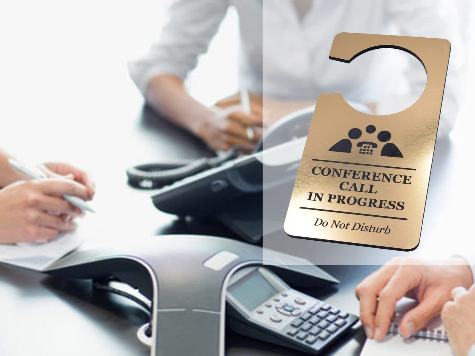 📞 Gold “Conference Call in Progress” Do Not Disturb Door Hanger – Office Sign – by North By North East – Business Hours & Policy Signs