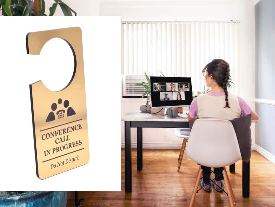 📞 Gold “Conference Call in Progress” Do Not Disturb Door Hanger – Office Sign – by North By North East – Business Hours & Policy Signs