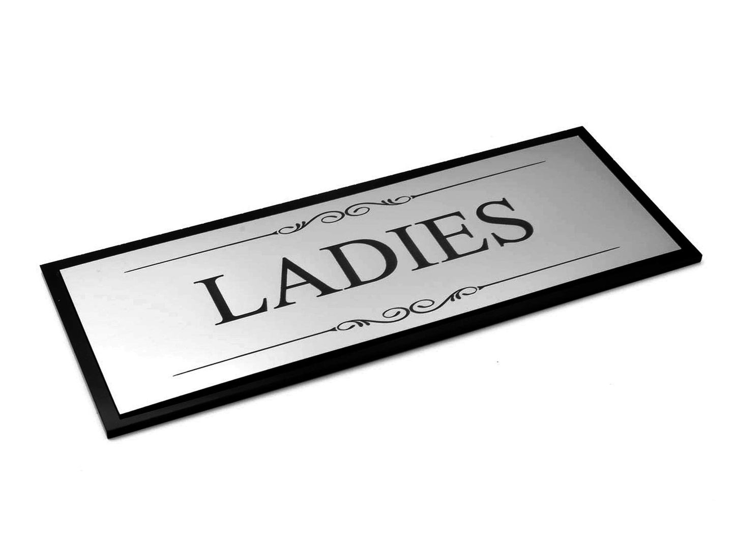 🚺 Silver “Ladies” Door Sign – Black Back Plate, Self-Adhesive, Acrylic, UK – by North By North East – Toilet & Bathroom Signs