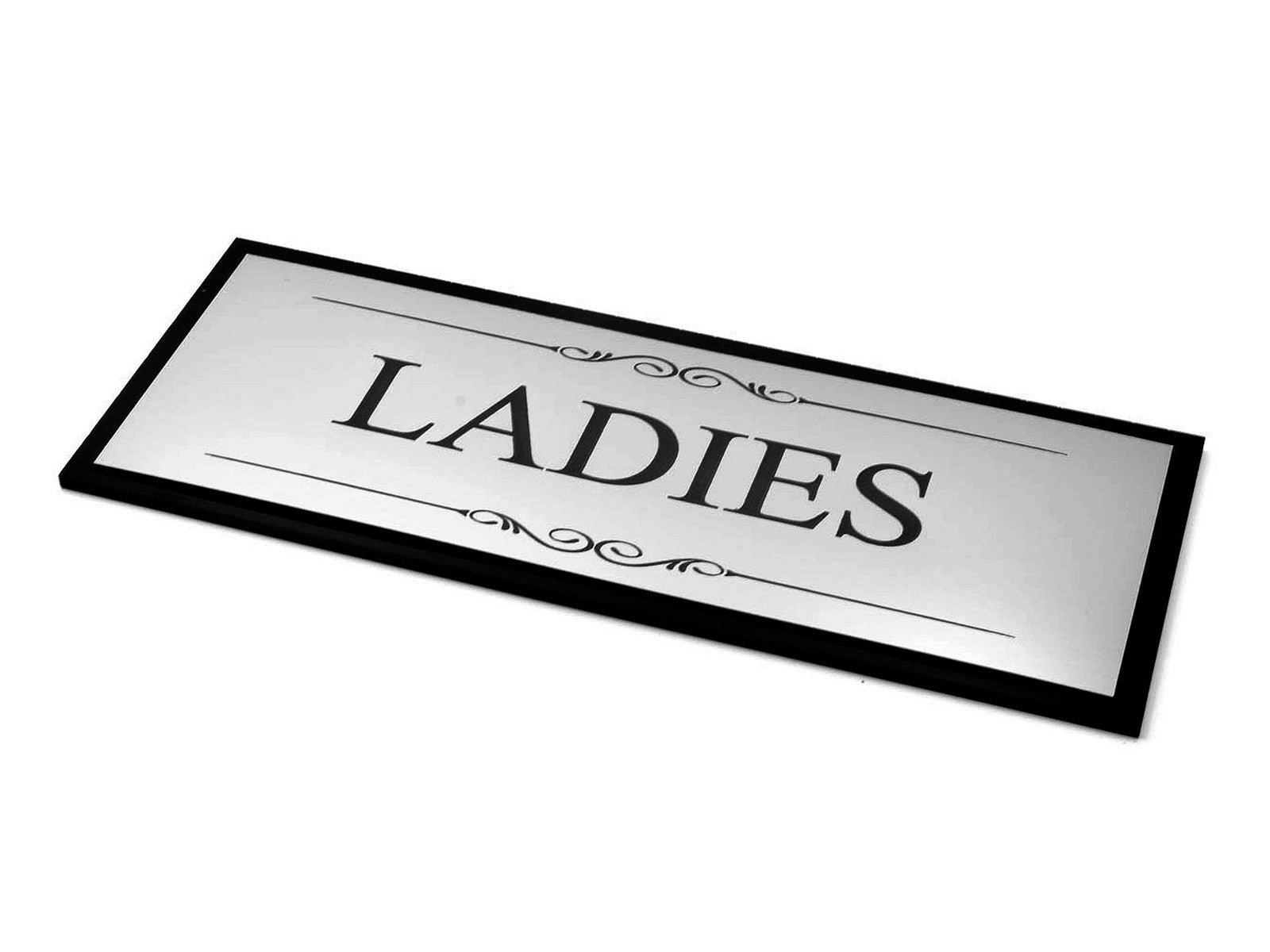 🚺 Silver “Ladies” Door Sign – Black Back Plate, Self-Adhesive, Acrylic, UK – by North By North East – Toilet & Bathroom Signs