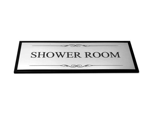 🚿 Silver “Shower Room” Door Sign – Black Back Plate, Self-Adhesive Acrylic, UK – by North By North East – Signs
