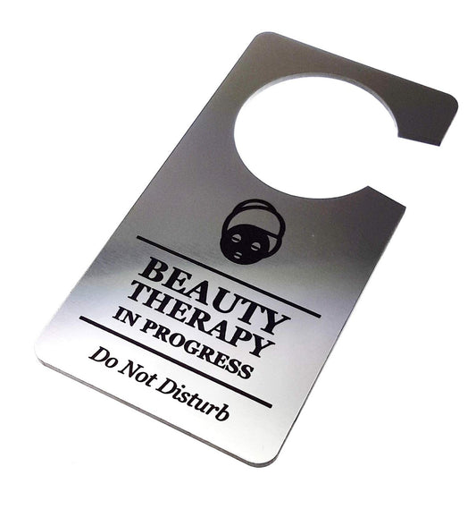 💆 Silver “Beauty Therapy in Progress” Do Not Disturb Door Hanger – Engraved – by North By North East – Business Hours & Policy Signs