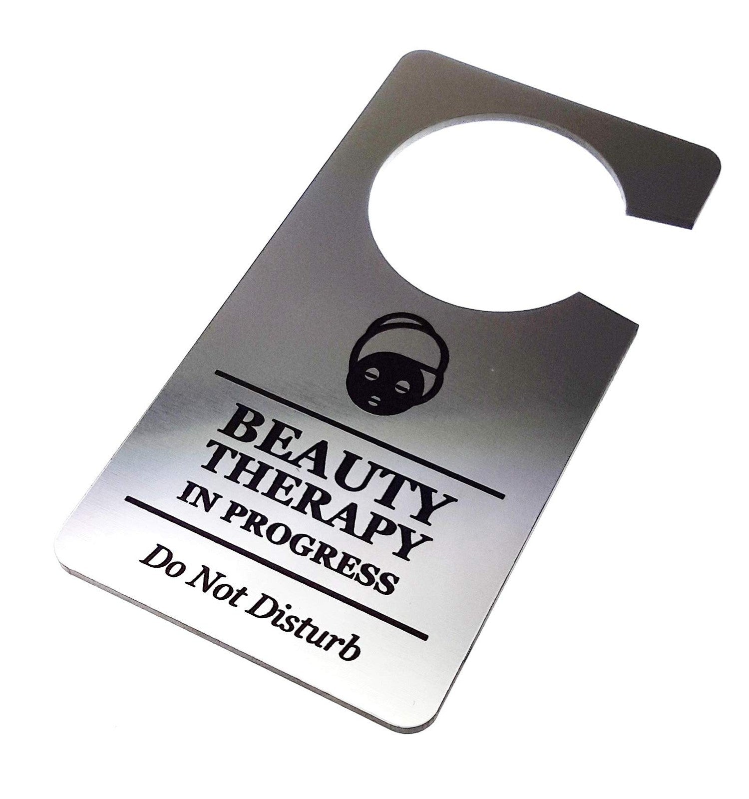 💆 Silver “Beauty Therapy in Progress” Do Not Disturb Door Hanger – Engraved – by North By North East – Business Hours & Policy Signs