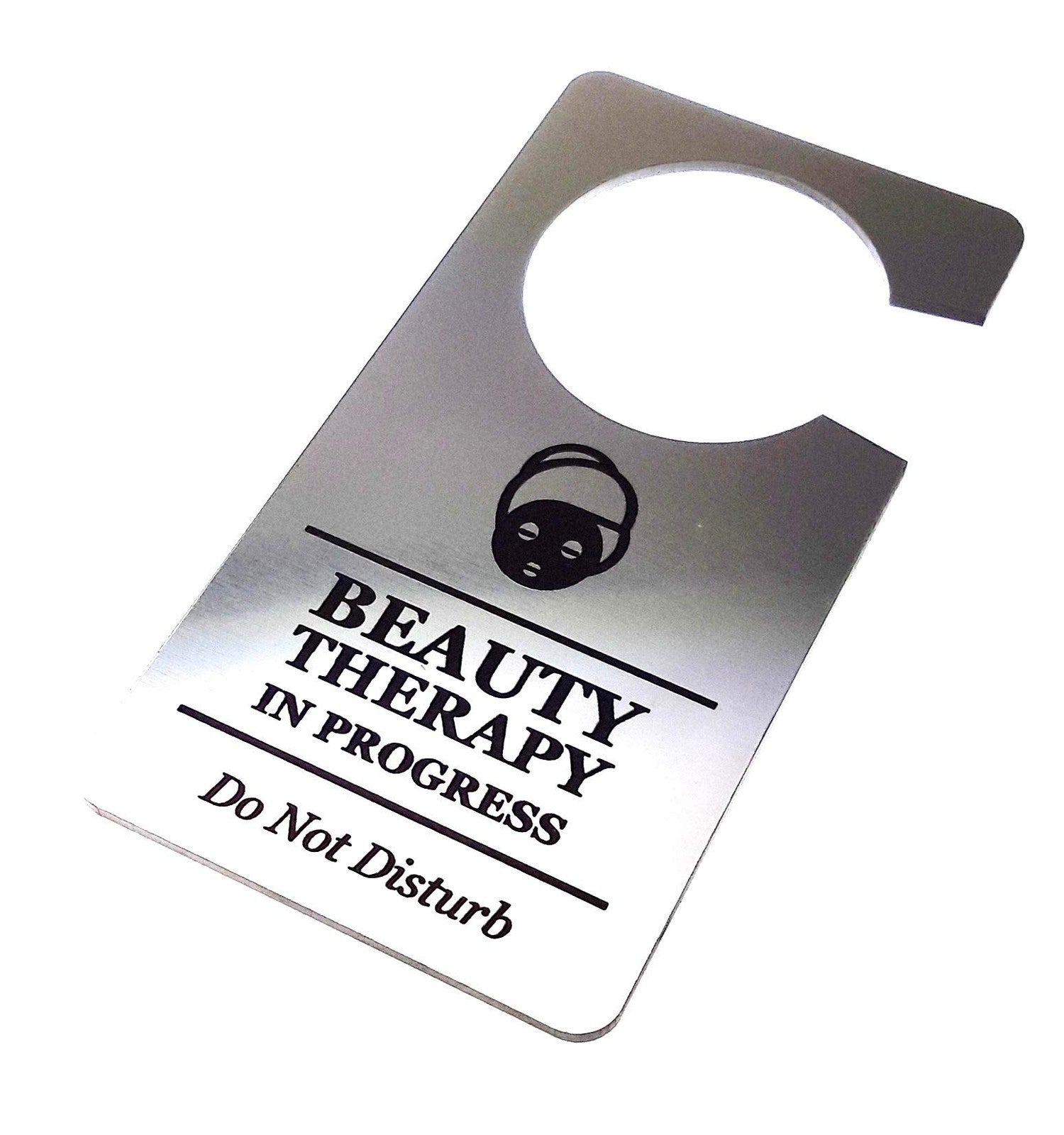 💆 Silver “Beauty Therapy in Progress” Do Not Disturb Door Hanger – Engraved – by North By North East – Business Hours & Policy Signs