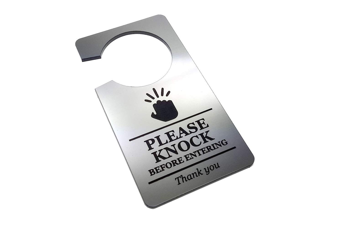 🚪 Silver “Please Knock Before Entering” Door Hanger – Engraved Acrylic Sign – by North By North East – Business Hours & Policy Signs