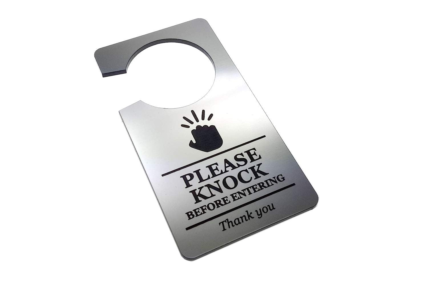🚪 Silver “Please Knock Before Entering” Door Hanger – Engraved Acrylic Sign – by North By North East – Business Hours & Policy Signs