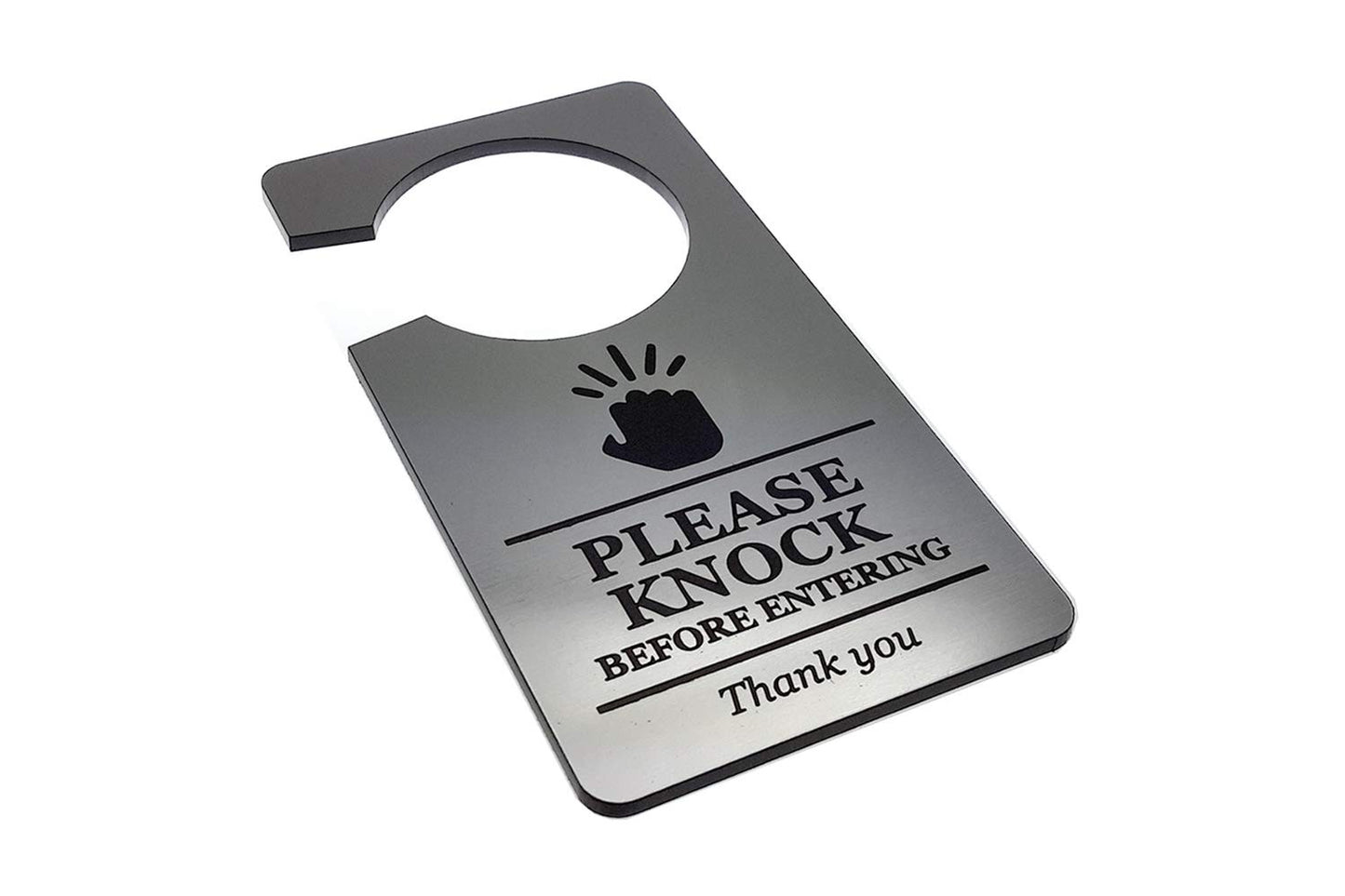 🚪 Silver “Please Knock Before Entering” Door Hanger – Engraved Acrylic Sign – by North By North East – Business Hours & Policy Signs