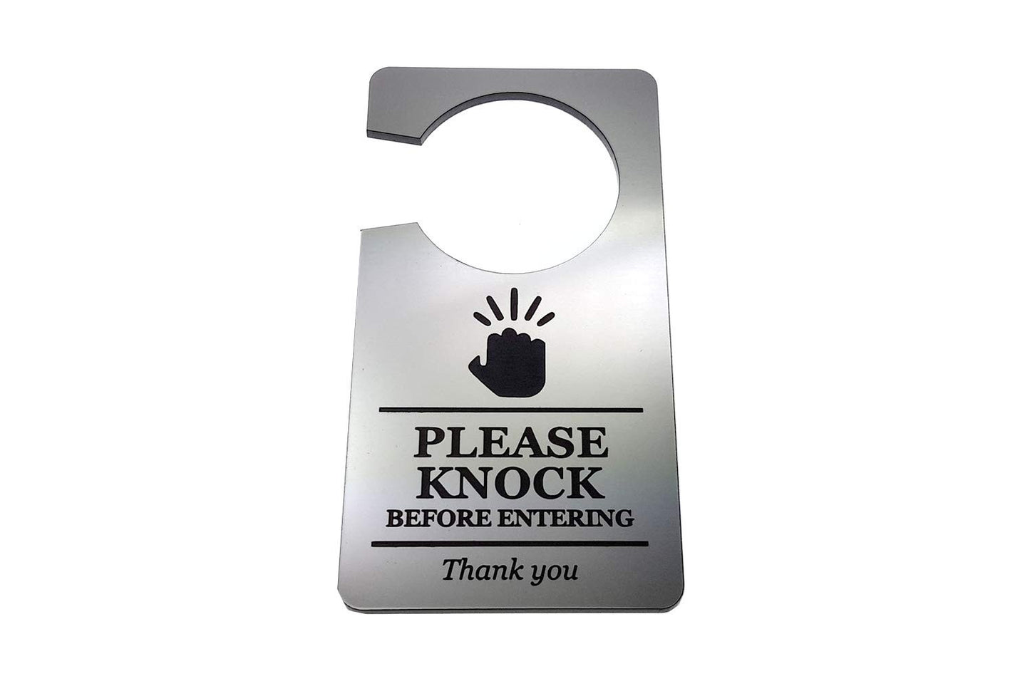 🚪 Silver “Please Knock Before Entering” Door Hanger – Engraved Acrylic Sign – by North By North East – Business Hours & Policy Signs