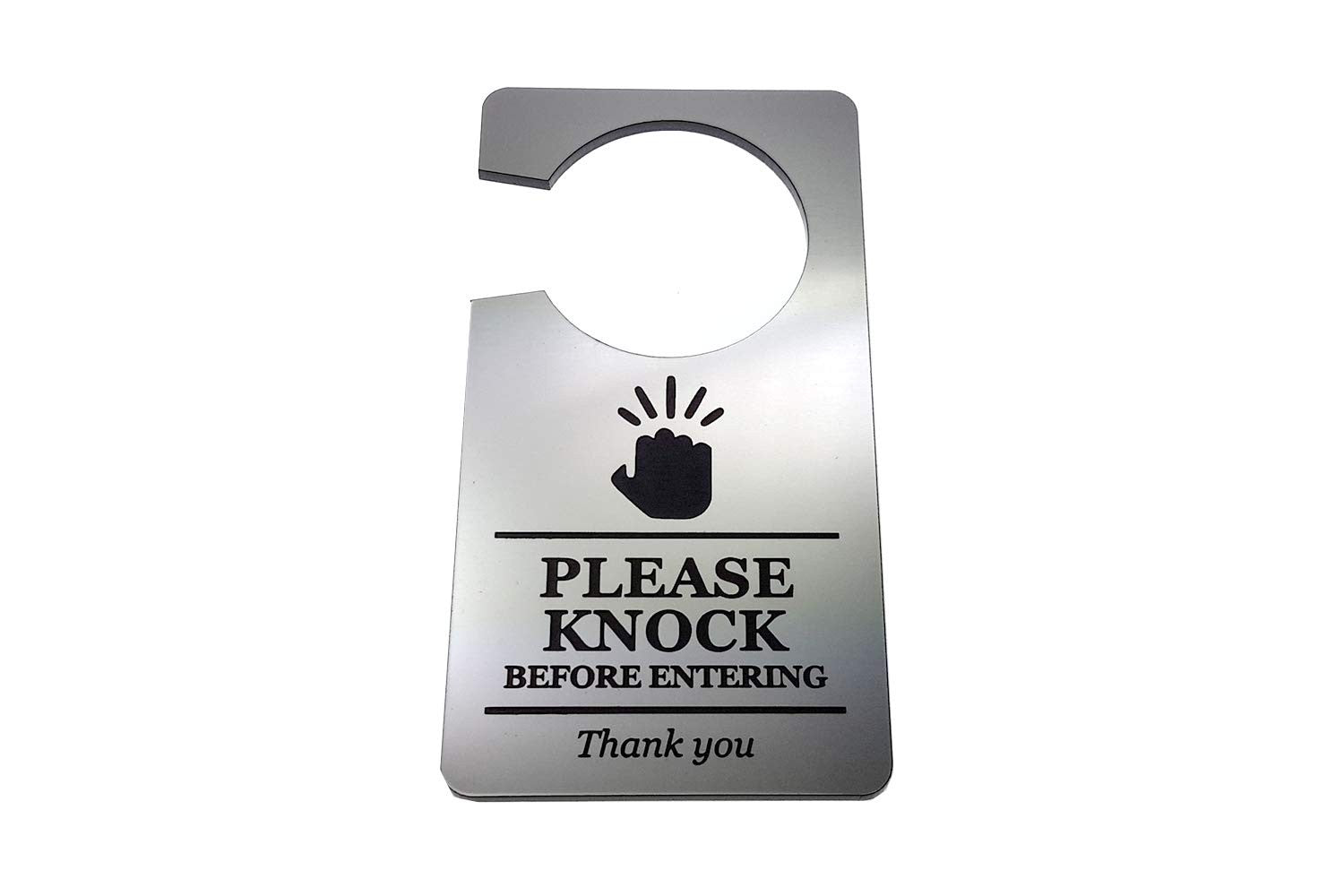 🚪 Silver “Please Knock Before Entering” Door Hanger – Engraved Acrylic Sign – by North By North East – Business Hours & Policy Signs