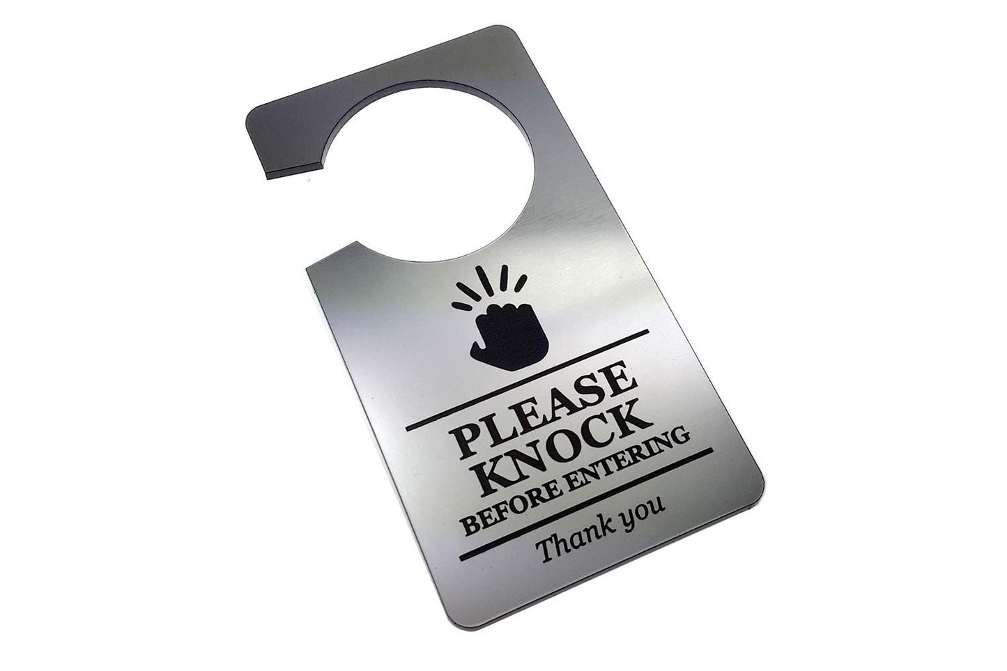 🚪 Silver “Please Knock Before Entering” Door Hanger – Engraved Acrylic Sign – by North By North East – Business Hours & Policy Signs