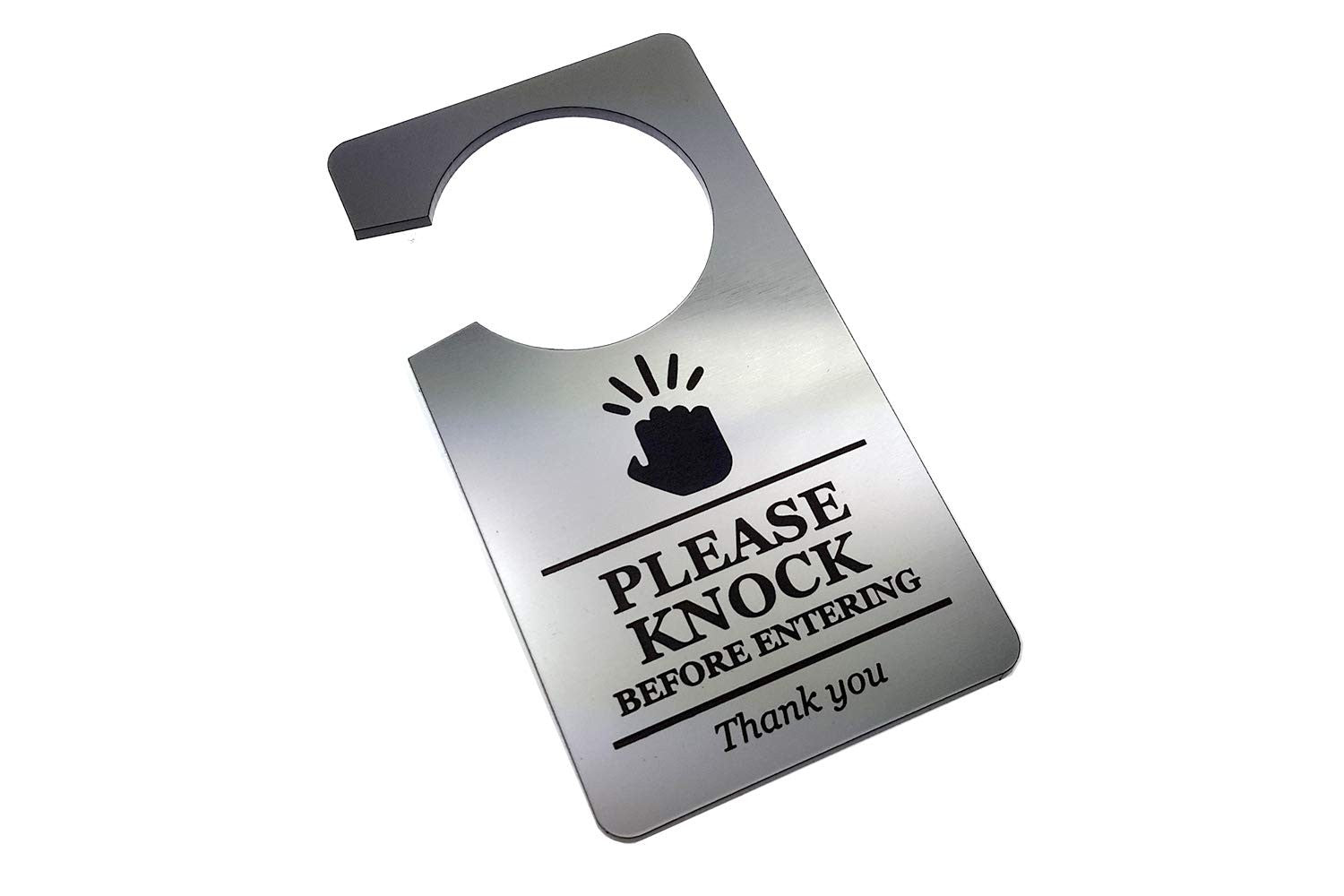 🚪 Silver “Please Knock Before Entering” Door Hanger – Engraved Acrylic Sign – by North By North East – Business Hours & Policy Signs