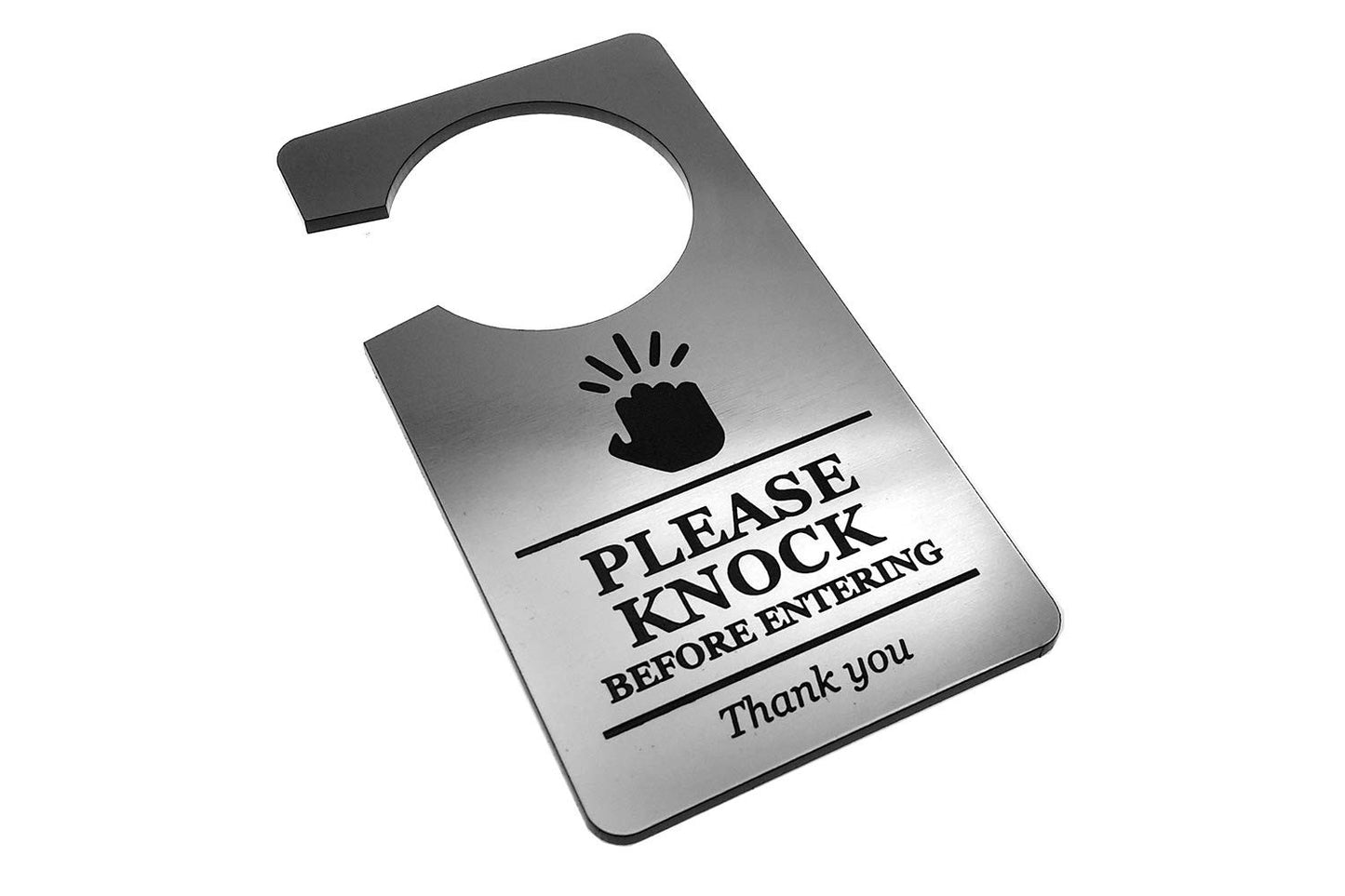 🚪 Silver “Please Knock Before Entering” Door Hanger – Engraved Acrylic Sign – by North By North East – Business Hours & Policy Signs