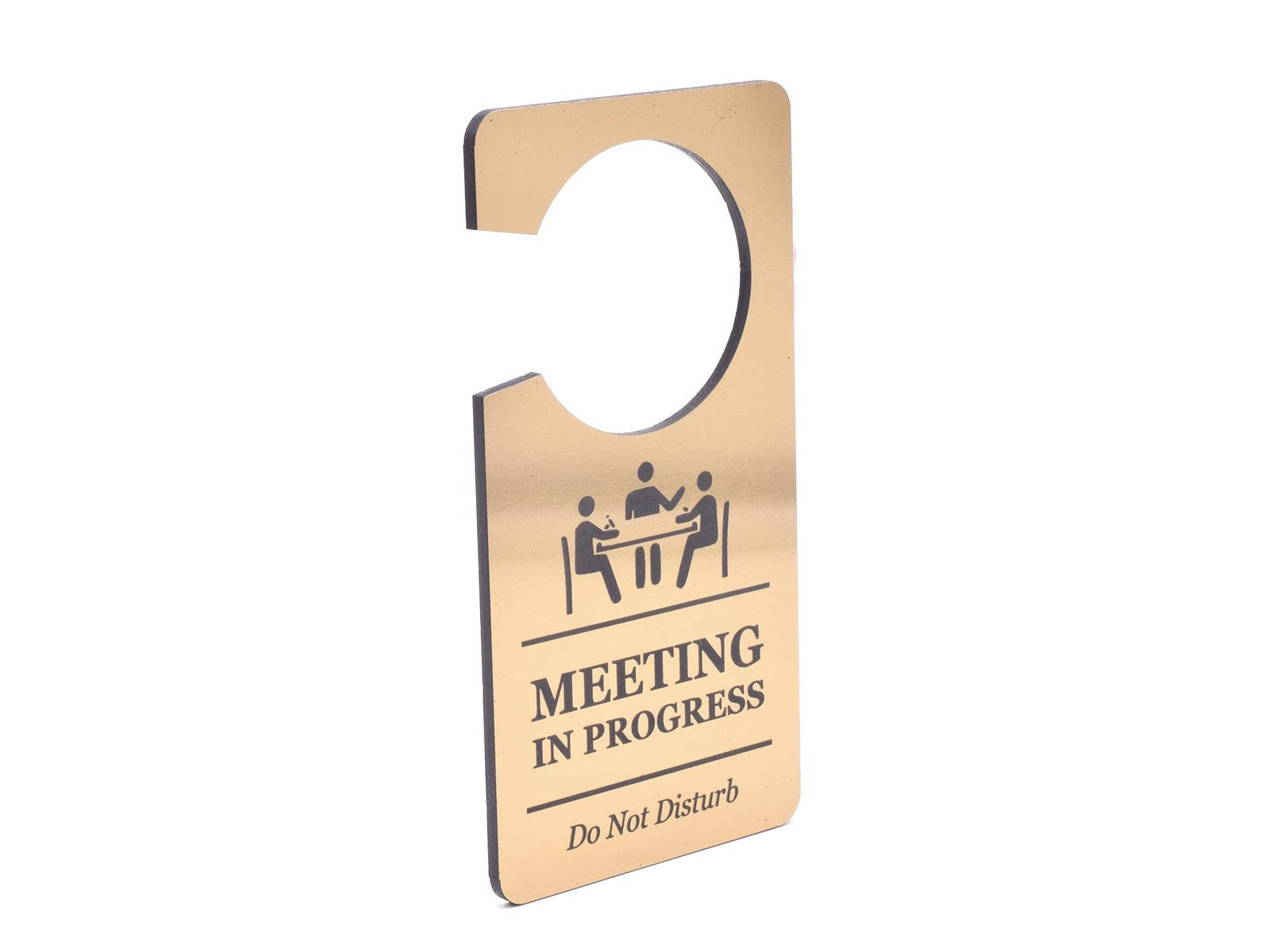 Gold ‘Meeting in Progress – Do Not Disturb’ Door Hanger – Engraved Acrylic Sign – by North By North East – Business Hours & Policy Signs