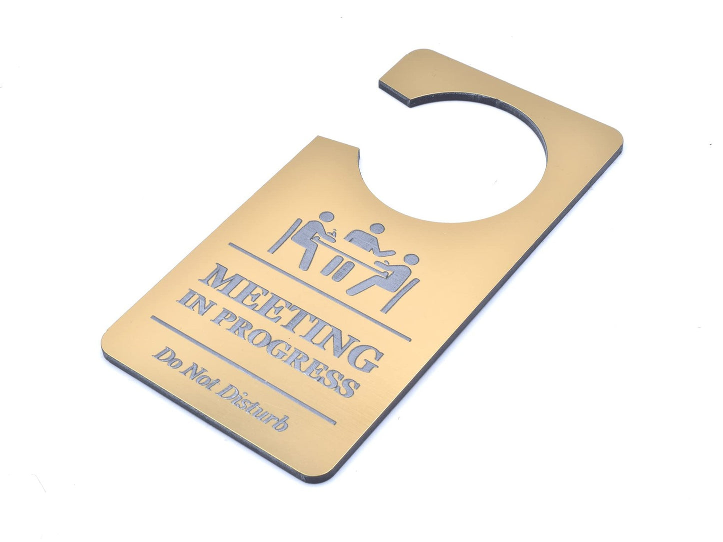 Gold ‘Meeting in Progress – Do Not Disturb’ Door Hanger – Engraved Acrylic Sign – by North By North East – Business Hours & Policy Signs