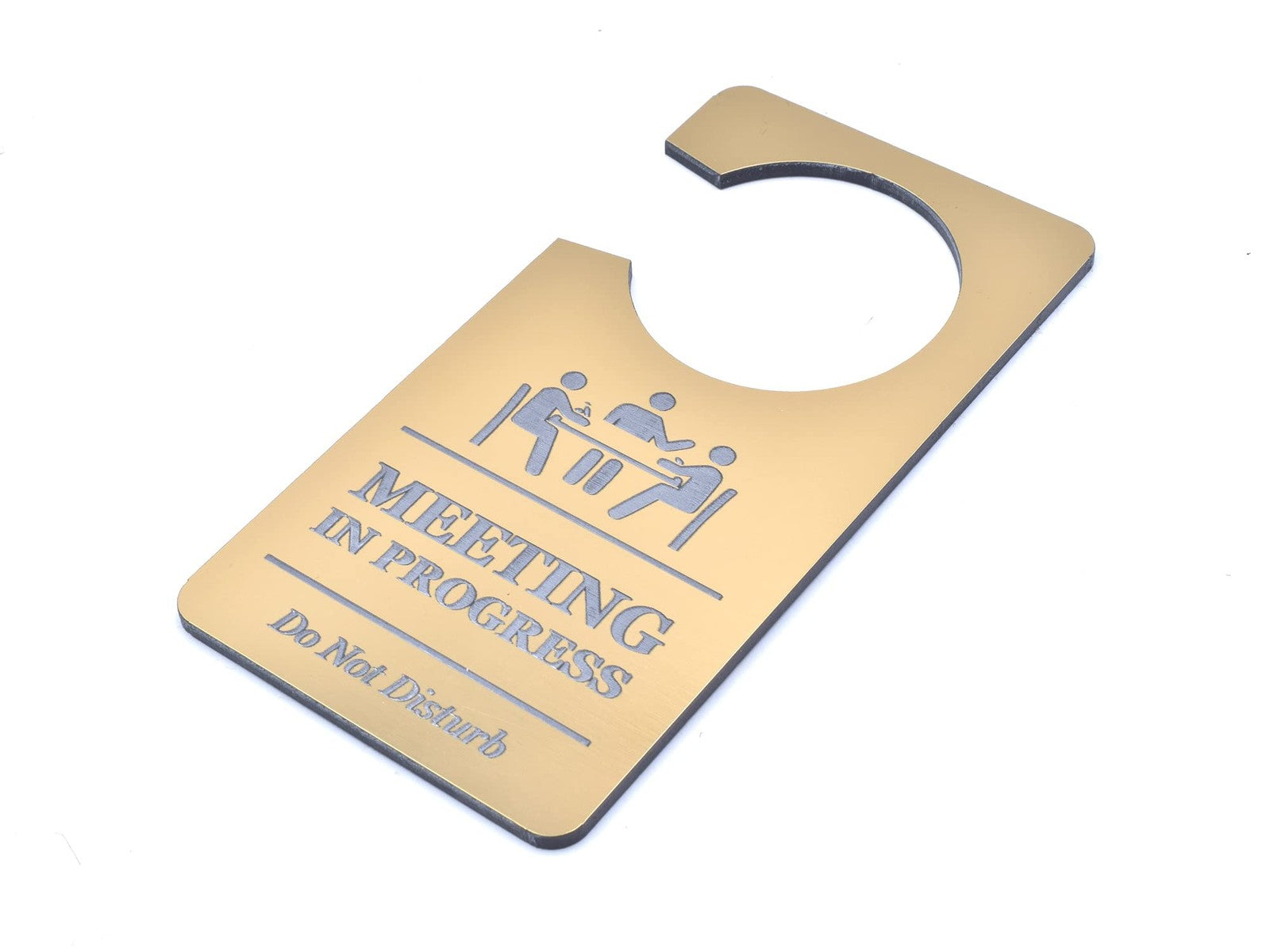 Gold ‘Meeting in Progress – Do Not Disturb’ Door Hanger – Engraved Acrylic Sign – by North By North East – Business Hours & Policy Signs
