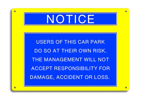 🚗 Yellow A4 Car Park Sign – “Park at Your Own Risk” Aluminium Warning Notice – by North By North East – Safety & Warning Signs
