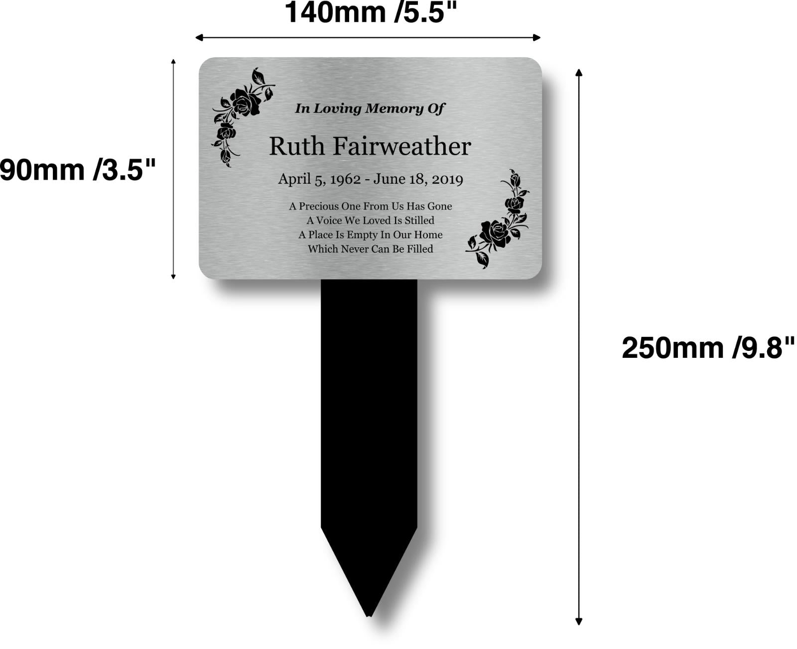Personalised Silver Memorial Stake — Engraved Outdoor Grave Marker (150 × 250 mm, Silver Plaque on Black Stake) – by North By North East – Plaques & Nameplates