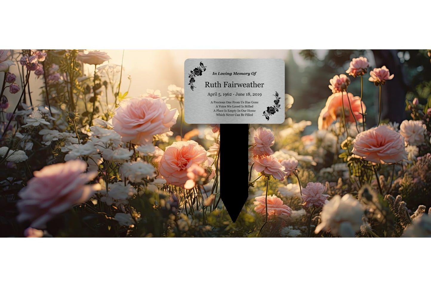 Personalised Silver Memorial Stake — Engraved Outdoor Grave Marker (150 × 250 mm, Silver Plaque on Black Stake) – by North By North East – Plaques & Nameplates