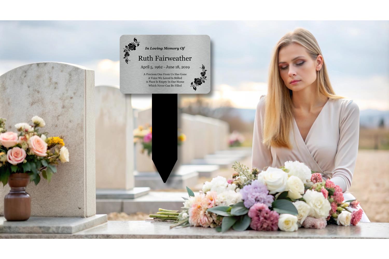 Personalised Silver Memorial Stake — Engraved Outdoor Grave Marker (150 × 250 mm, Silver Plaque on Black Stake) – by North By North East – Plaques & Nameplates