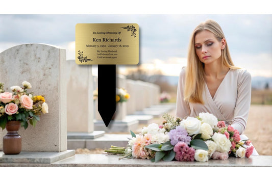 Personalised Gold Memorial Stake – Outdoor Grave Marker, 140×230 mm – by North By North East – Plaques & Nameplates