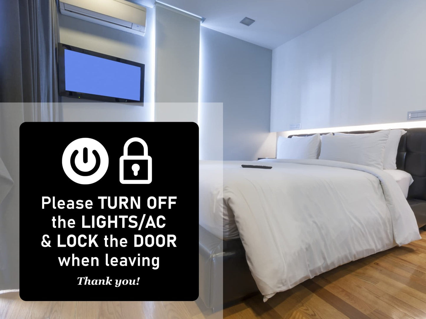 145mm Black Please Turn Off Lights & AC Sign – Self Adhesive, Indoor/Outdoor – by North By North East – Signs