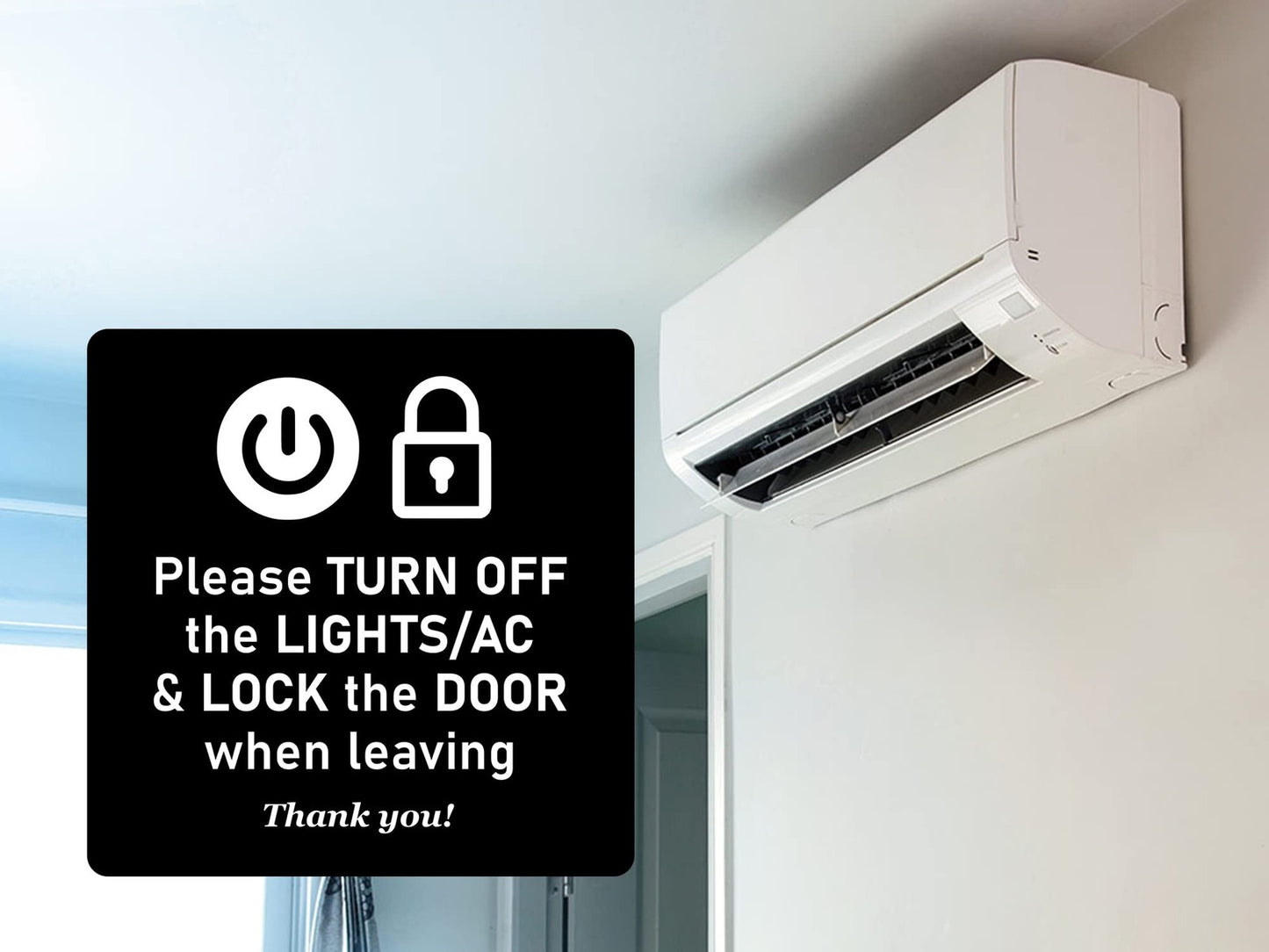 145mm Black Please Turn Off Lights & AC Sign – Self Adhesive, Indoor/Outdoor – by North By North East – Signs