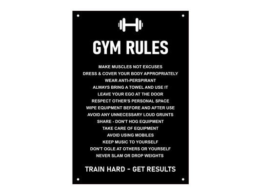 Black ACM “Gym Rules” Sign – Durable 3mm Aluminium Composite with 4 Screw Holes – by North By North East – Signs