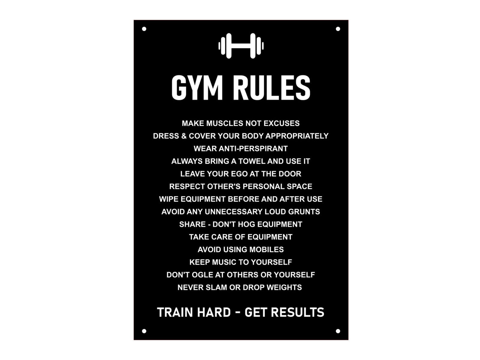 Black ACM “Gym Rules” Sign – Durable 3mm Aluminium Composite with 4 Screw Holes – by North By North East – Signs