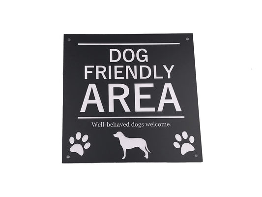 Black Dog Friendly Area Sign – 145mm Acrylic – 4 Screw Holes – Weatherproof – by North By North East – Signs