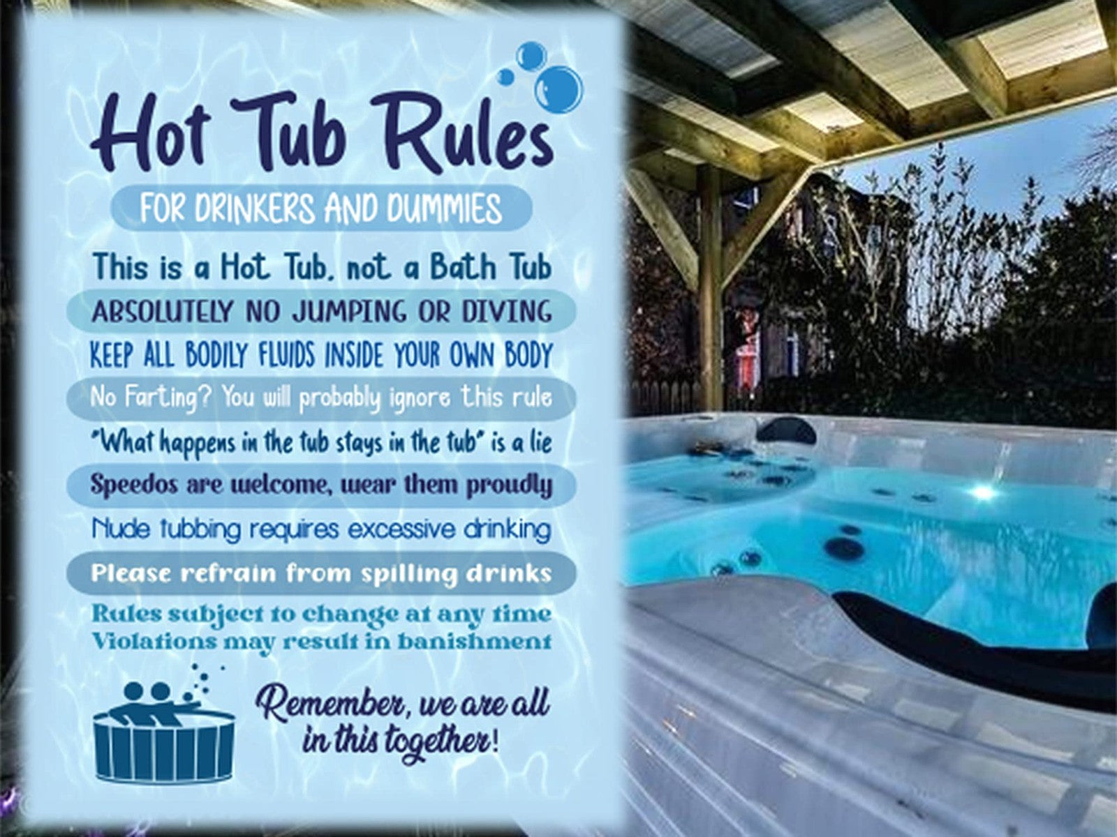 Blue Hot Tub Rules Sign – A4 ACM – 4 Screw Holes – Indoor/Outdoor Use – by North By North East – Signs