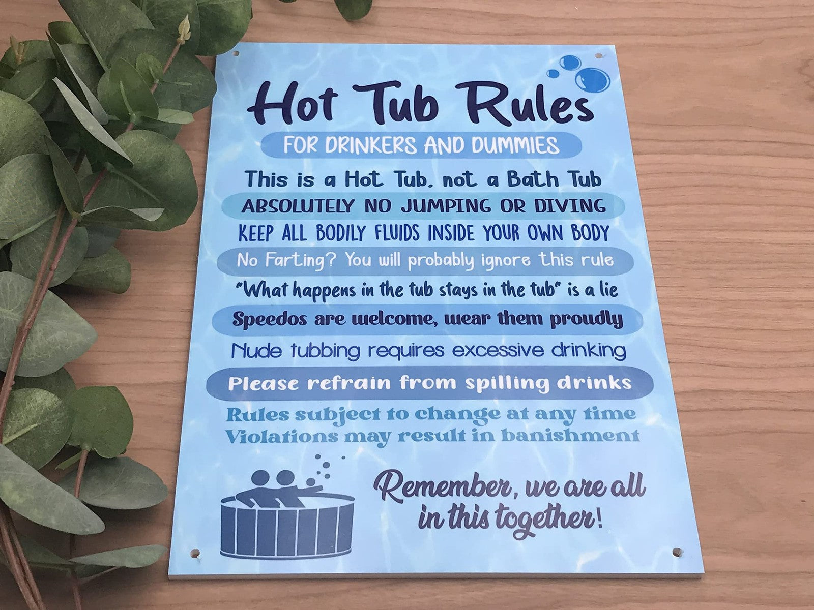 Blue Hot Tub Rules Sign – A4 ACM – 4 Screw Holes – Indoor/Outdoor Use – by North By North East – Signs