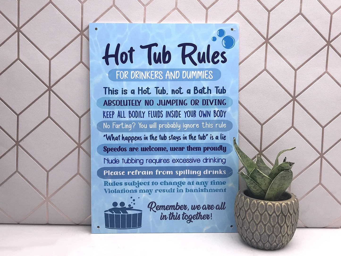 Blue Hot Tub Rules Sign – A4 ACM – 4 Screw Holes – Indoor/Outdoor Use – by North By North East – Signs