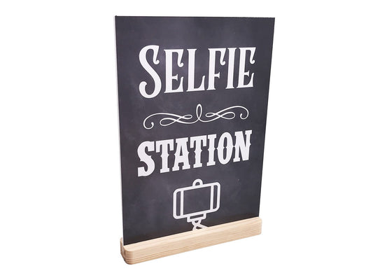 A4 Selfie Station Sign – Chalkboard Effect Photo Booth Prop with Acrylic Feet – by North By North East – Signs