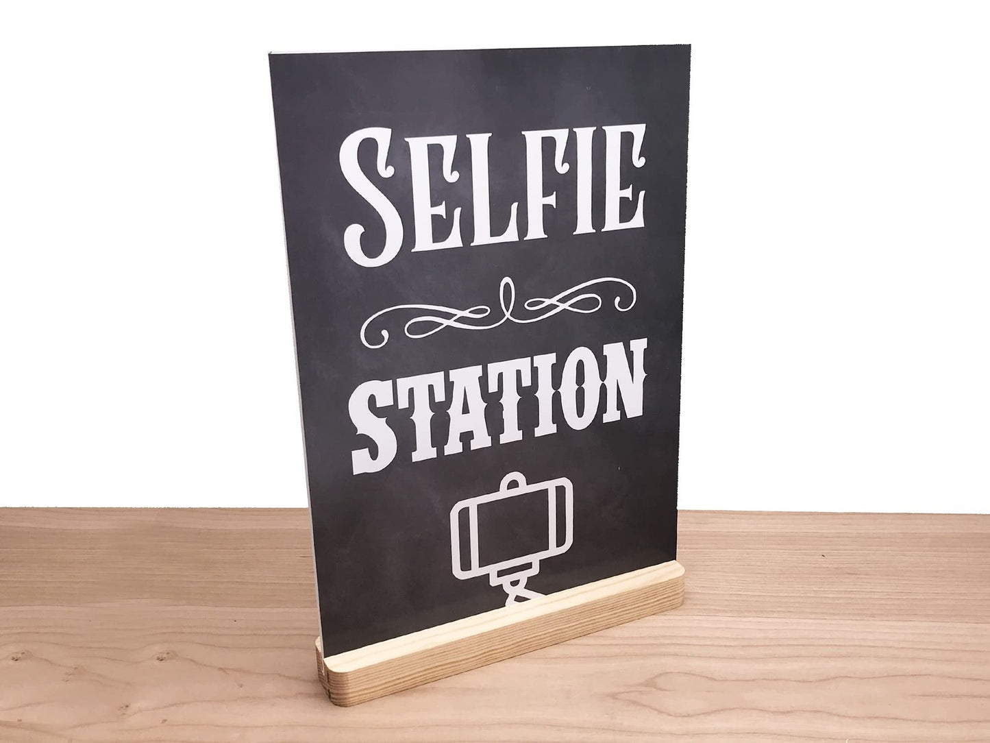 A4 Selfie Station Sign – Chalkboard Effect Photo Booth Prop with Acrylic Feet – by North By North East – Signs