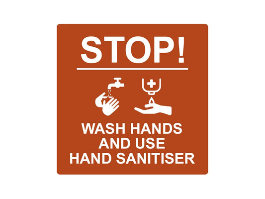 Stop Wash Hands & Use Hand Sanitiser Sign – 145mm Red Aluminium Self Adhesive – by North By North East – Signs
