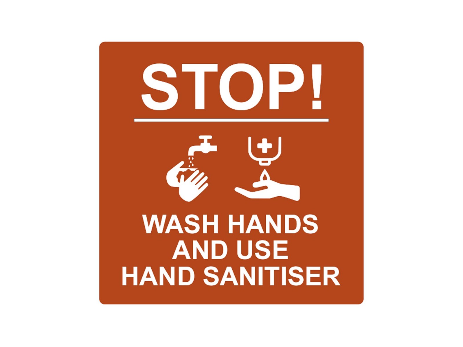 Stop Wash Hands & Use Hand Sanitiser Sign – 145mm Red Aluminium Self Adhesive – by North By North East – Signs
