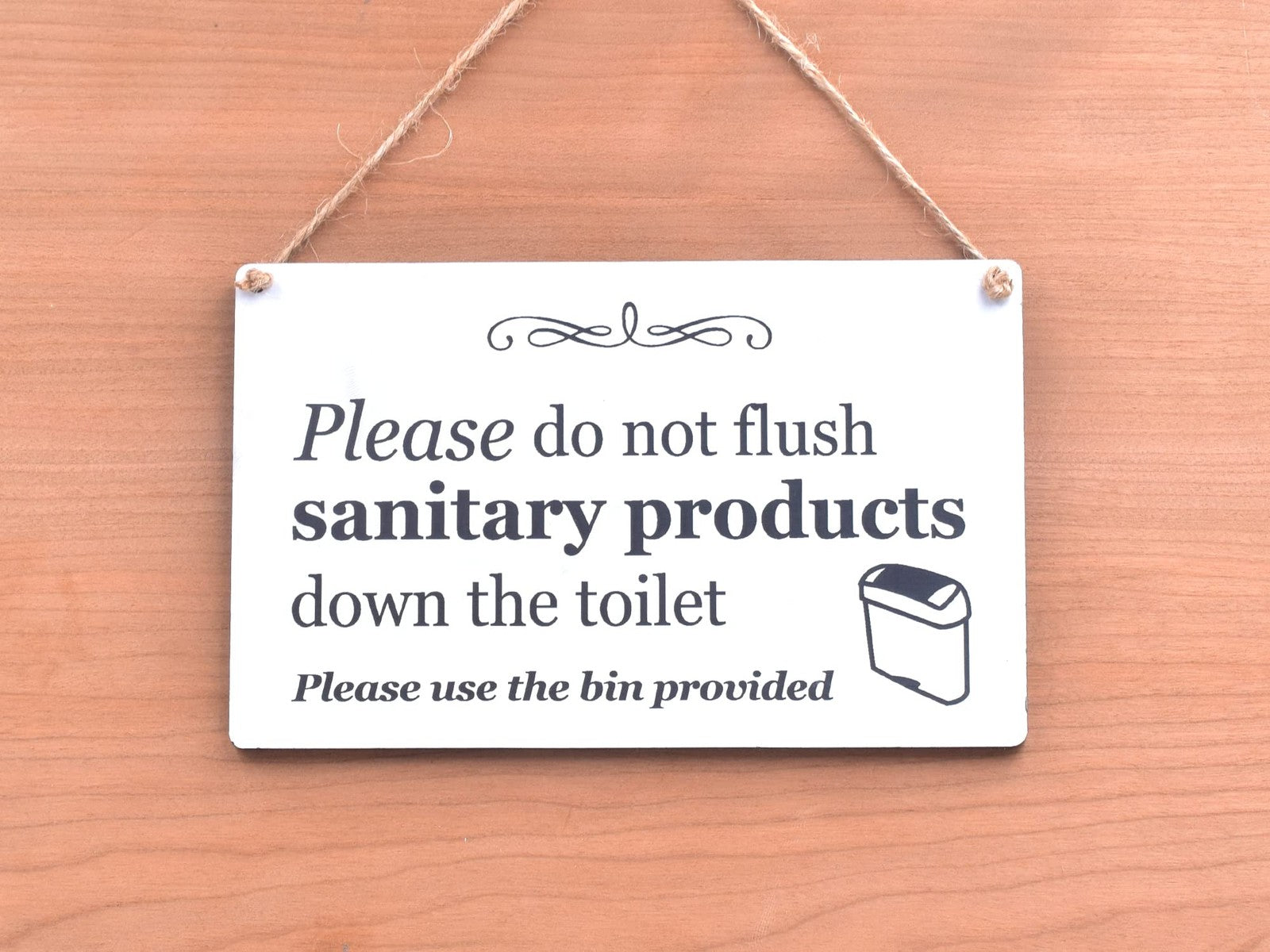 Do Not Flush Sanitary Products Toilet Sign – White Acrylic Hanging 145x90mm – by North By North East – Toilet & Bathroom Signs