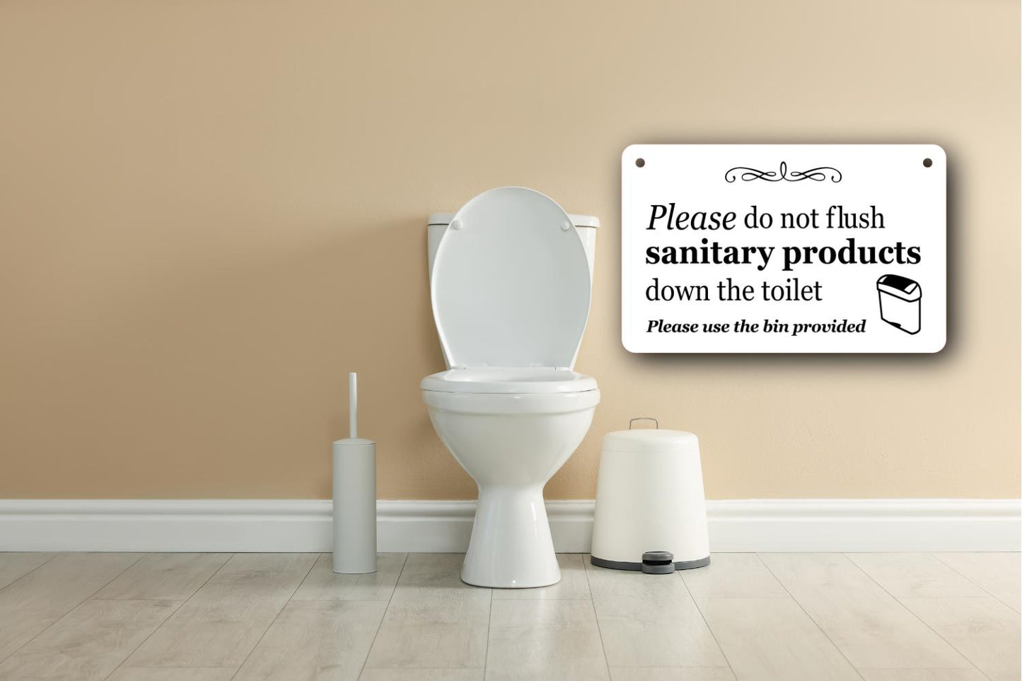 Do Not Flush Sanitary Products Toilet Sign – White Acrylic Hanging 145x90mm – by North By North East – Toilet & Bathroom Signs