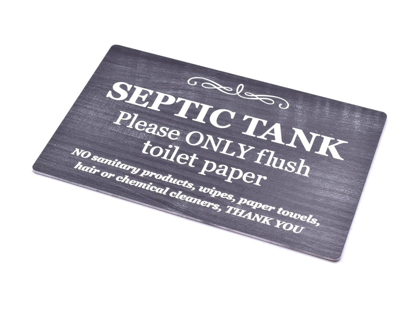 Black Wood Effect Septic Tank Toilet Sign – Self Adhesive Acrylic Plaque 145×90m – by North By North East – Toilet & Bathroom Signs