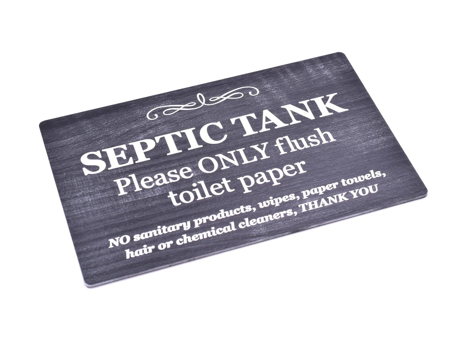 Black Wood Effect Septic Tank Toilet Sign – Self Adhesive Acrylic Plaque 145×90m – by North By North East – Toilet & Bathroom Signs