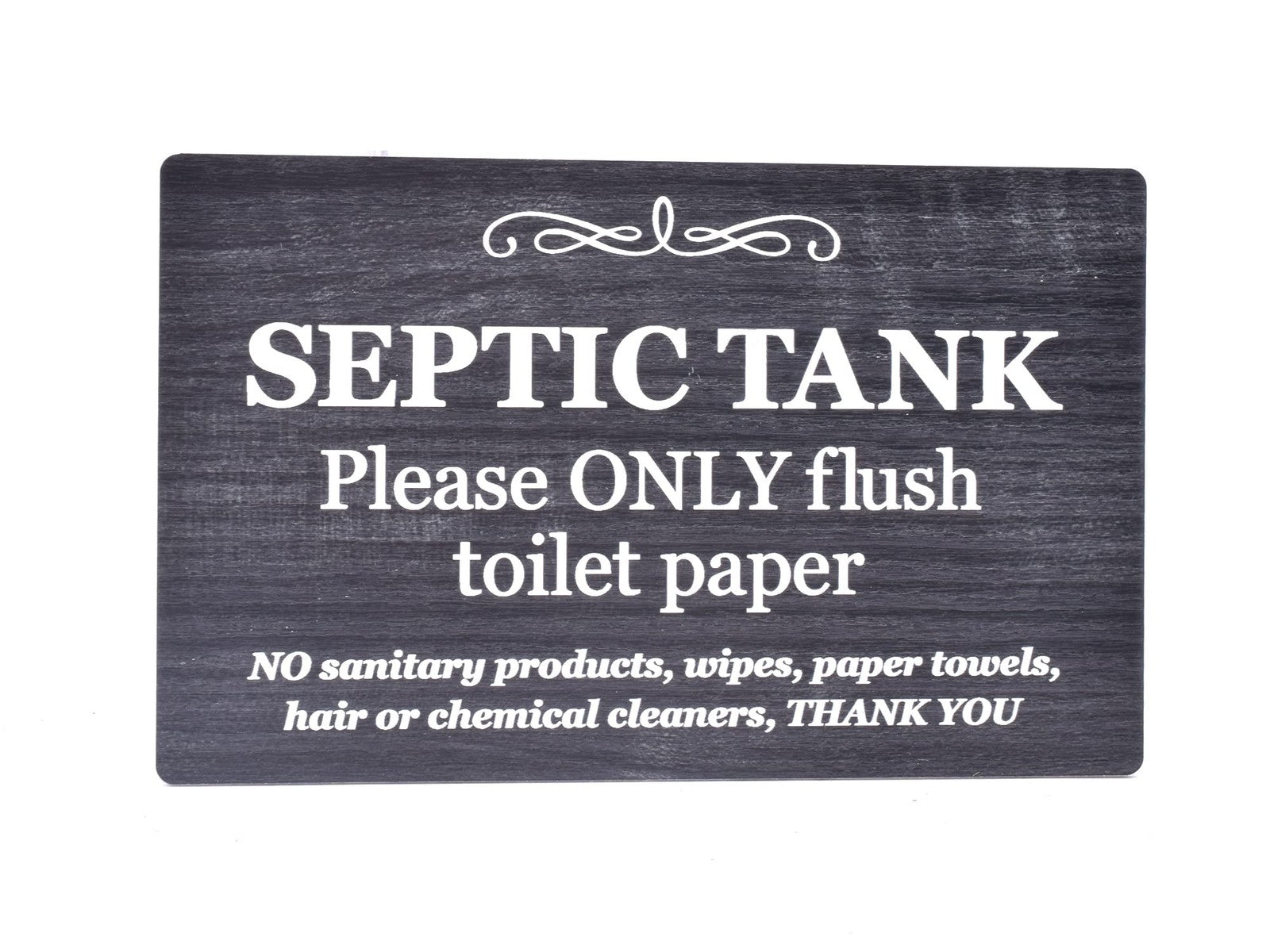 Black Wood Effect Septic Tank Toilet Sign – Self Adhesive Acrylic Plaque 145×90m – by North By North East – Toilet & Bathroom Signs