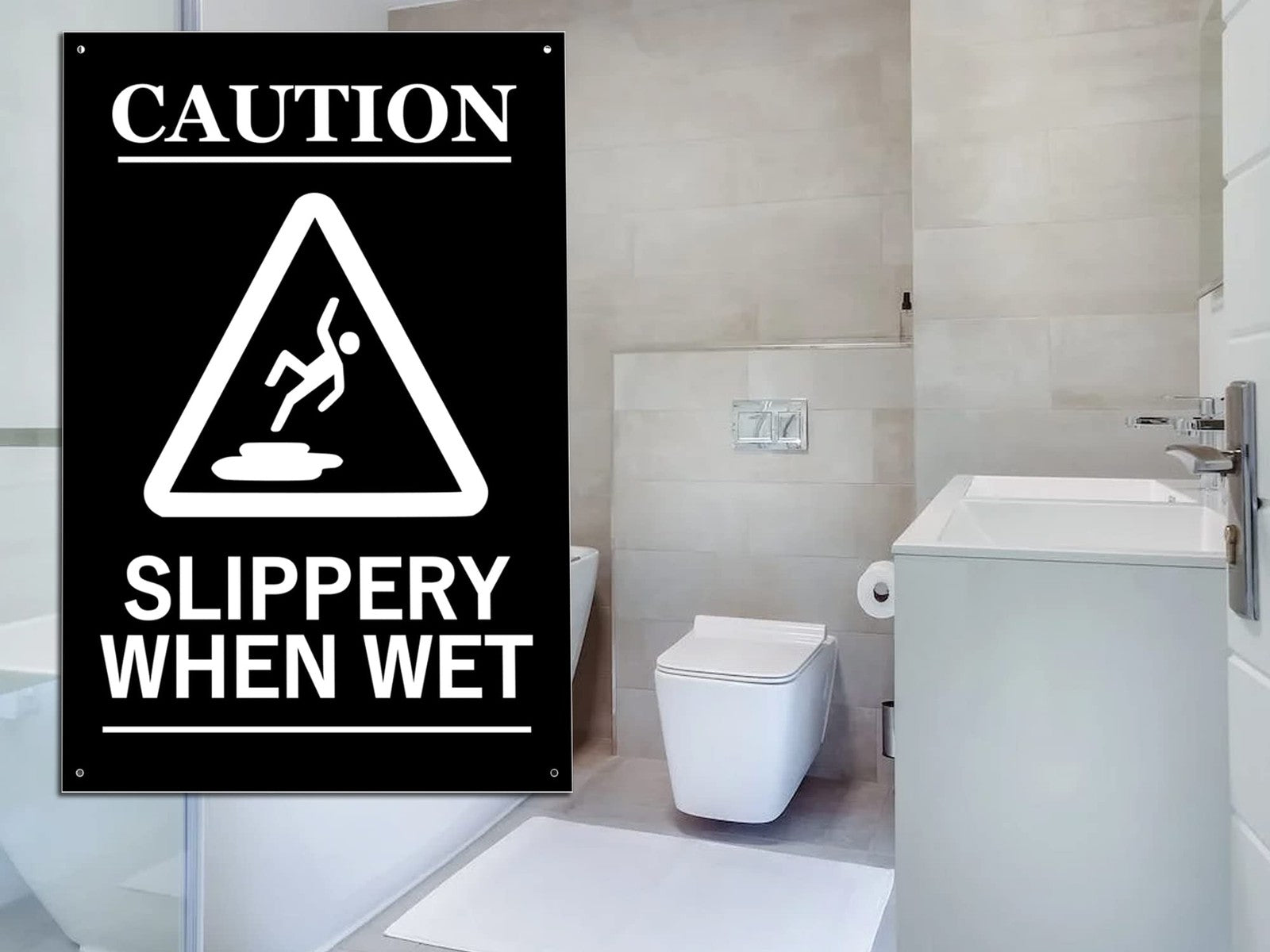 Caution Slippery When Wet Safety Sign – A4 Black ACM with 4 Screw Holes – by North By North East – Safety & Warning Signs