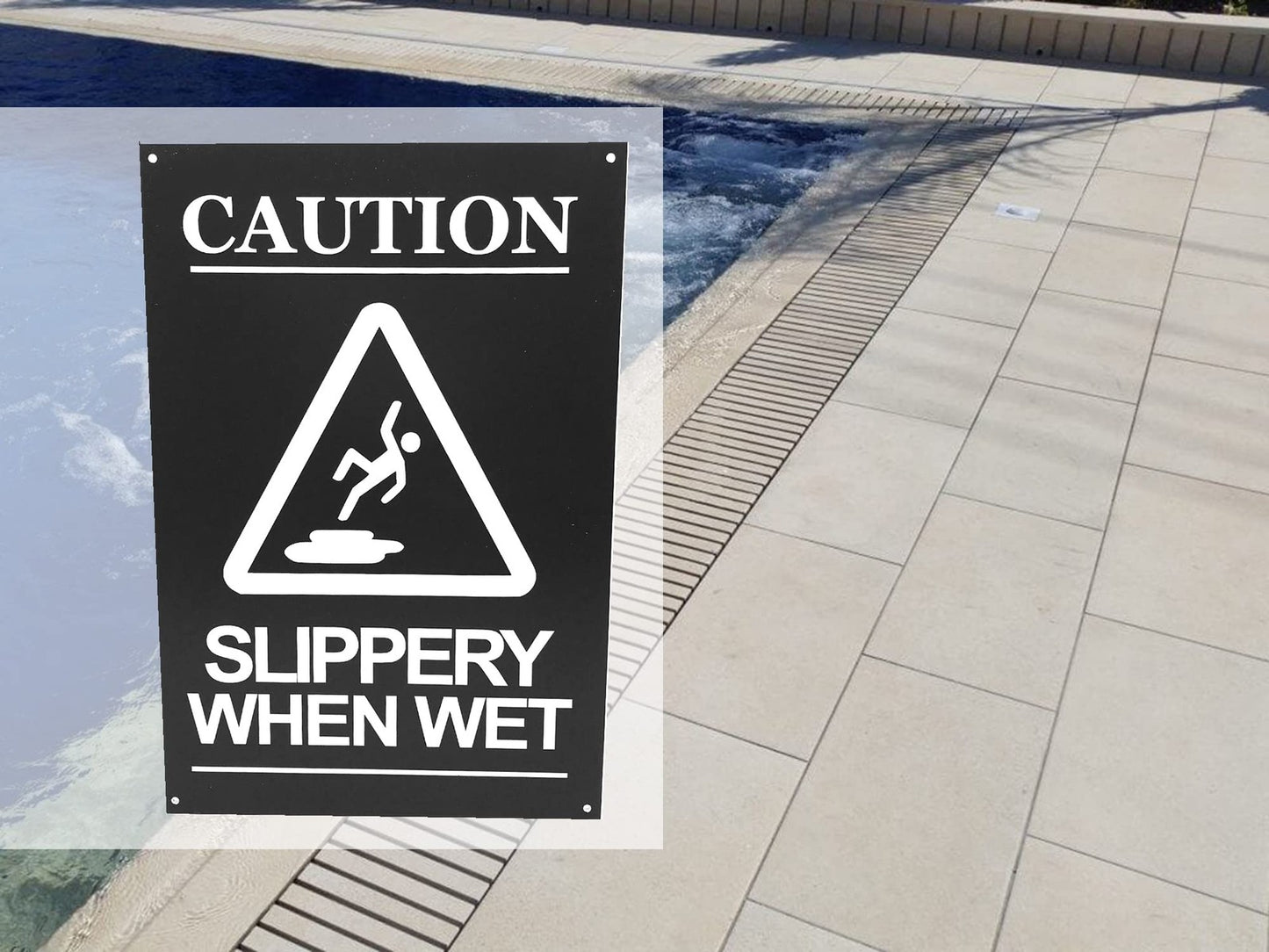 Caution Slippery When Wet Safety Sign – A4 Black ACM with 4 Screw Holes – by North By North East – Safety & Warning Signs