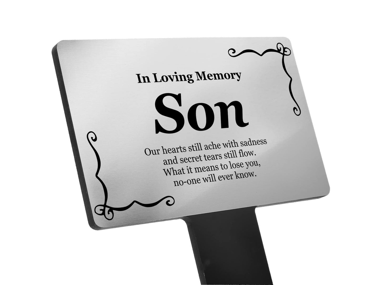 In Loving Memory Son Memorial Stake – Silver Plaque & Acrylic Stake, 230 × 140 m – by North By North East – Plaques & Nameplates